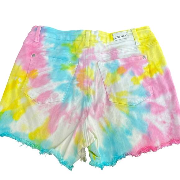 Judy Blue Tie Dye Cut Off Jean Shorts Size M Denim Pink Blue Yellow - Picture 11 of 15
